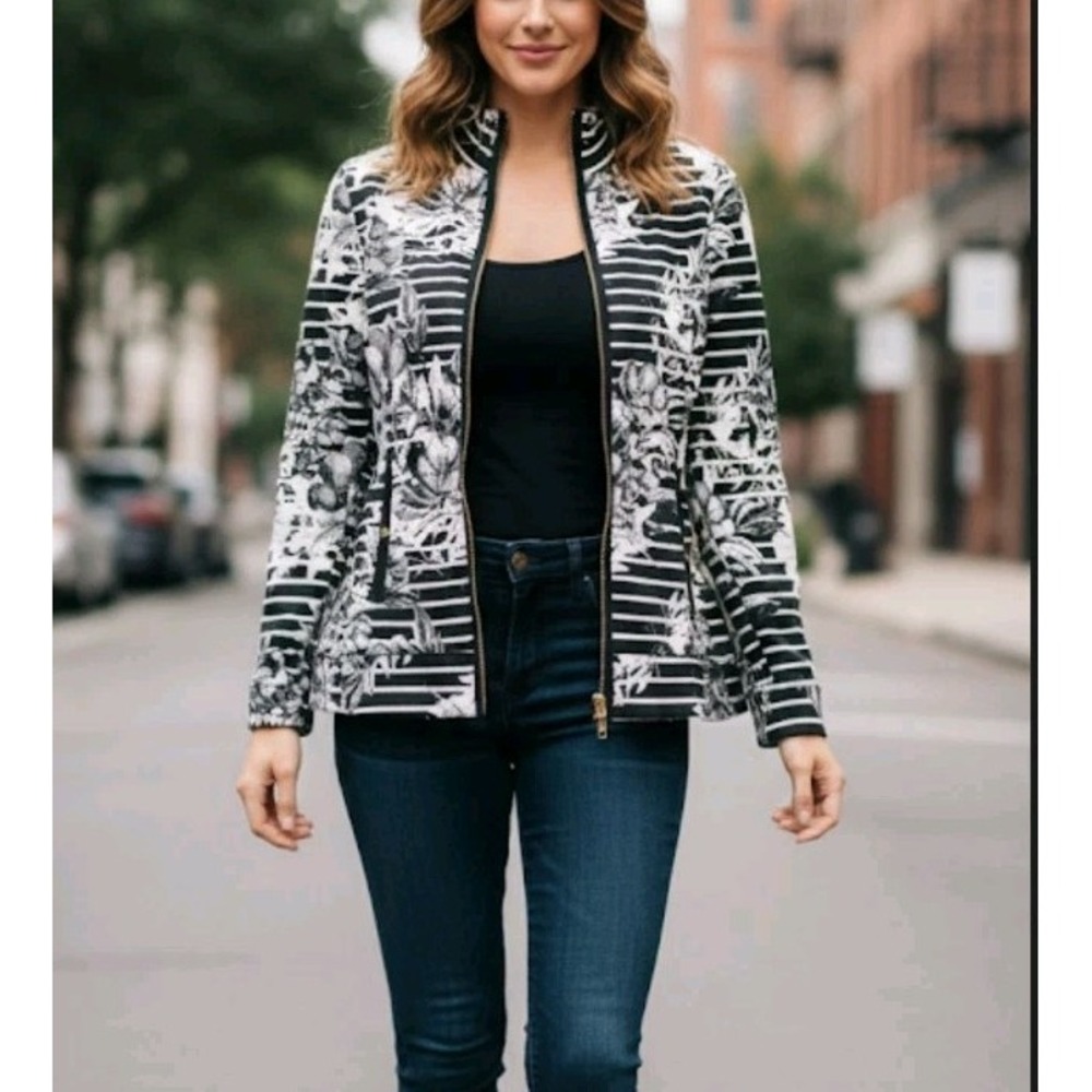 Jones New York Signature‎ Black & White Floral Striped Full Zip Jacket M